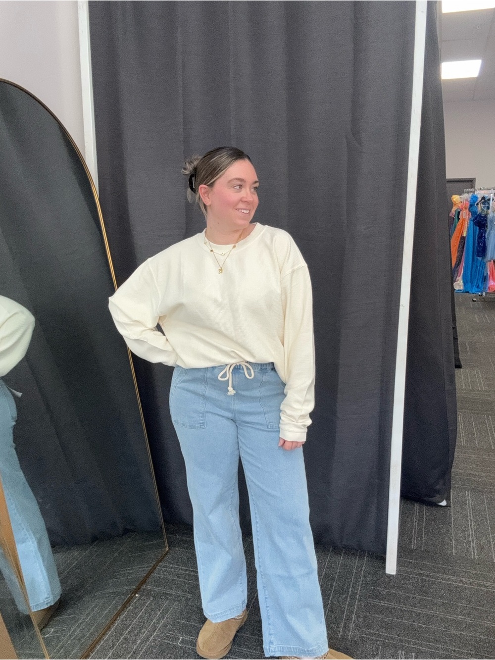 Light Wash Wide Leg Jeans - Tie Waist
